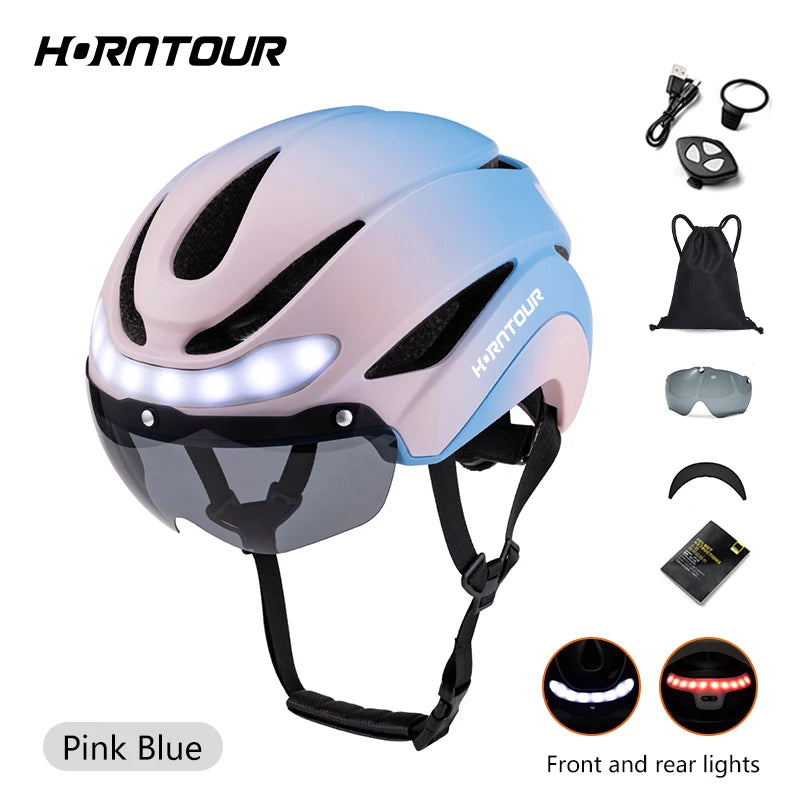 Adult Bike Helmets with Rechargeable LED Rear Light, Visor, Magnetic Goggles