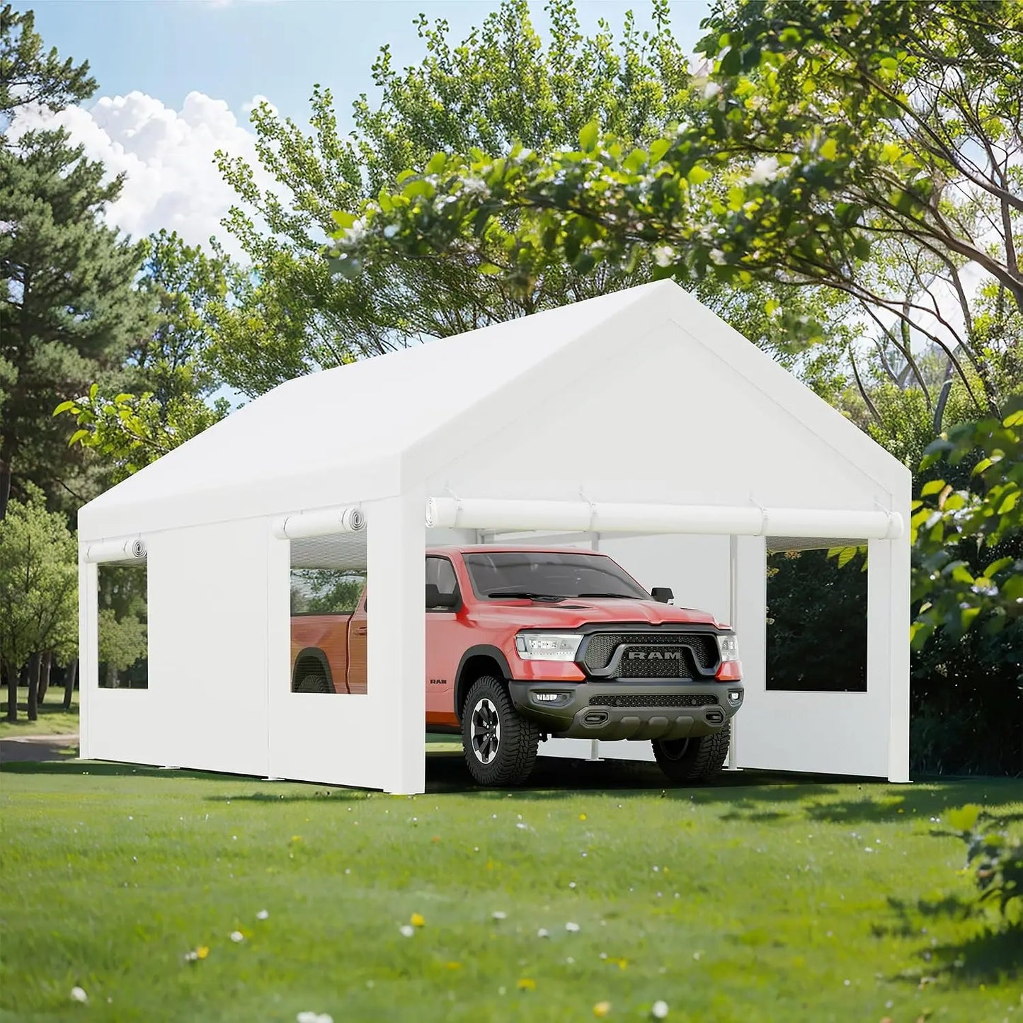 12x20FT Heavy Duty Carport,Removable Side Walls & Roll-Up Door