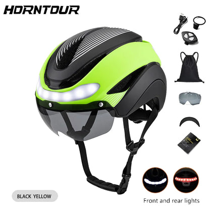 Adult Bike Helmets with Rechargeable LED Rear Light, Visor, Magnetic Goggles