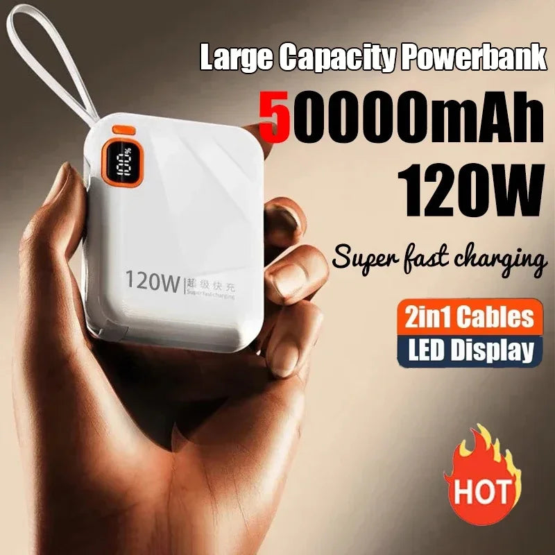 120W Power Bank 50000mah Portable High Capacity Cable Two-way Fast Charging Mini 2in1 Wire Powerbank For Iphone Samsung Xiaomi