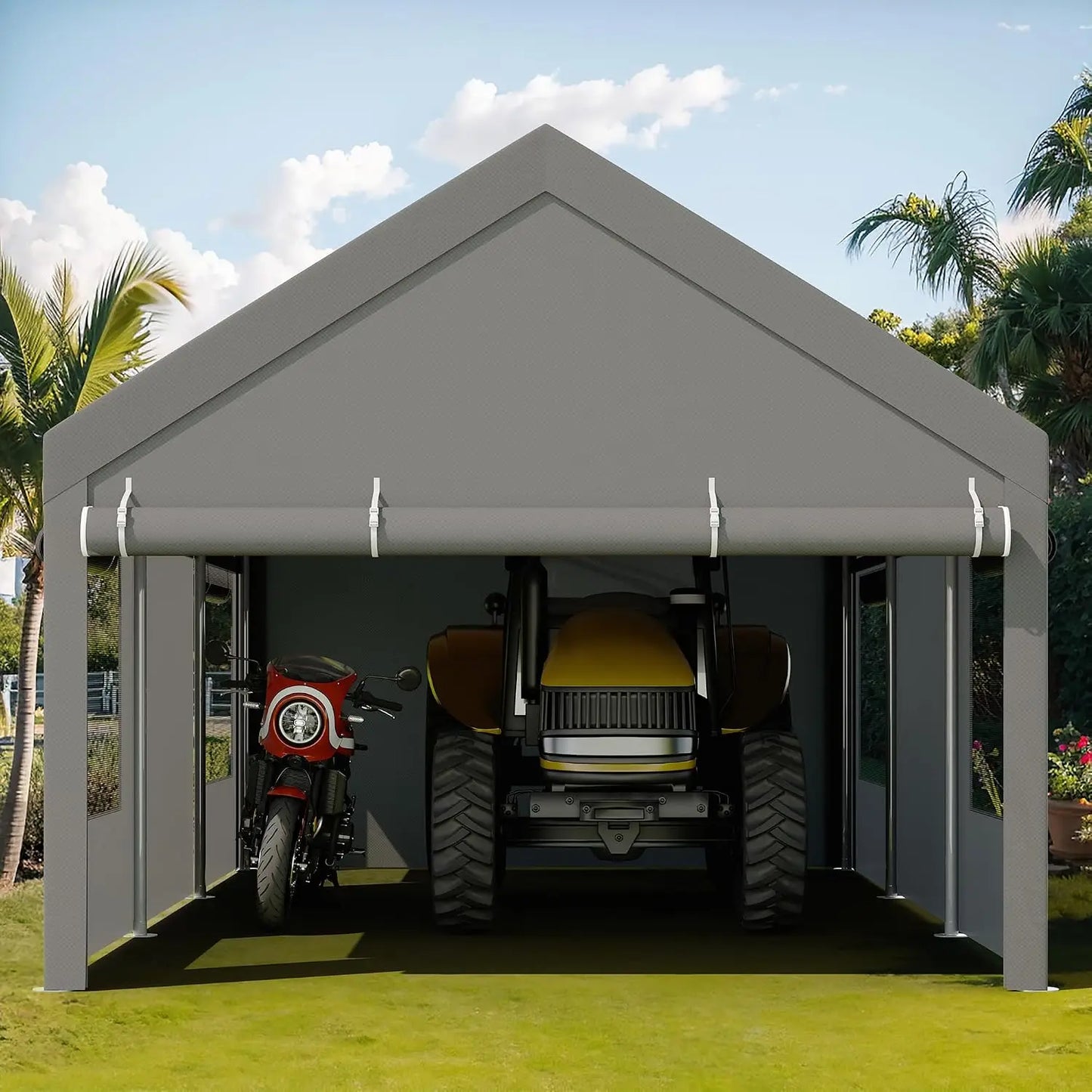 12x20FT Heavy Duty Carport,Removable Side Walls & Roll-Up Door