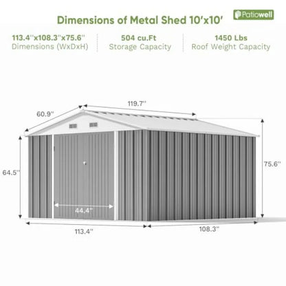 10' x 10' Metal Storage Shed, Lockable