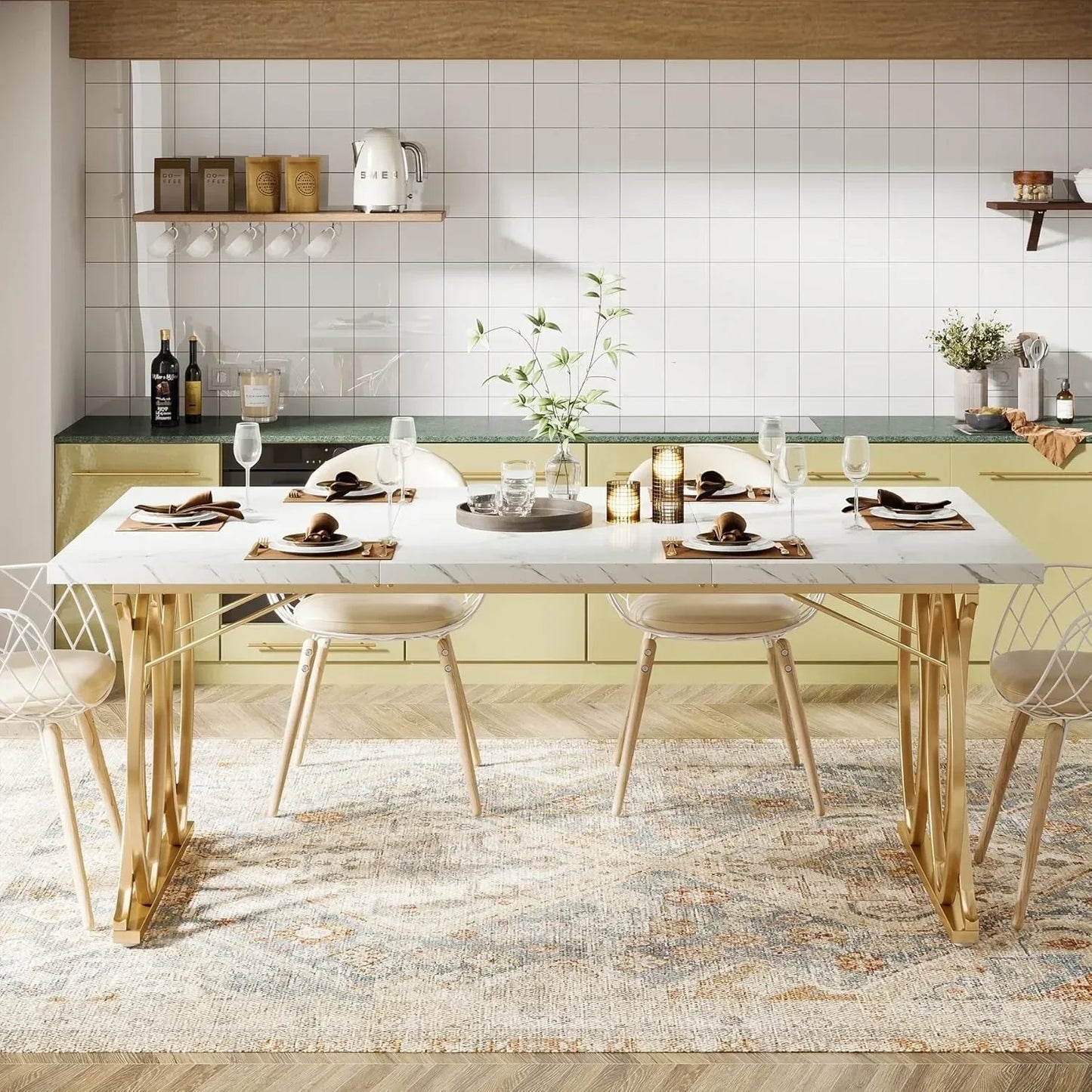 Modern Dining Table, 63" Large Kitchen Table for 4-6 People,