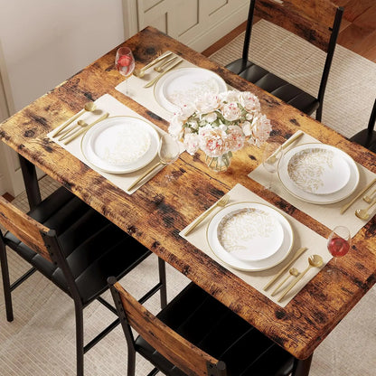 Dining Table Set for 4, Wood Kitchen Table with Upholstered Chairs for Small Spaces, Rustic Brown
