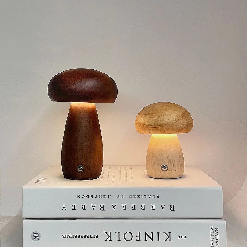 Wooden Mushrooms Night Light Touch Switch Bedroom Bedside Table Lamp Walnut Beech Wood Warm Dimmable Desk Light USB Chargeable